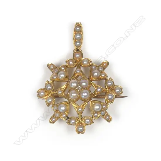 A c.1900 15ct. yellow gold and seed pearl pendant/brooch