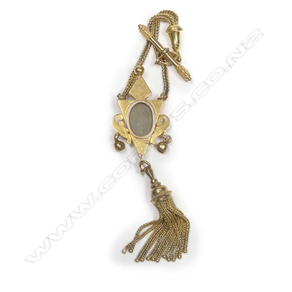 A 19thC 15ct. yellow gold heavy pendant on suspended tassel chain Image 1++