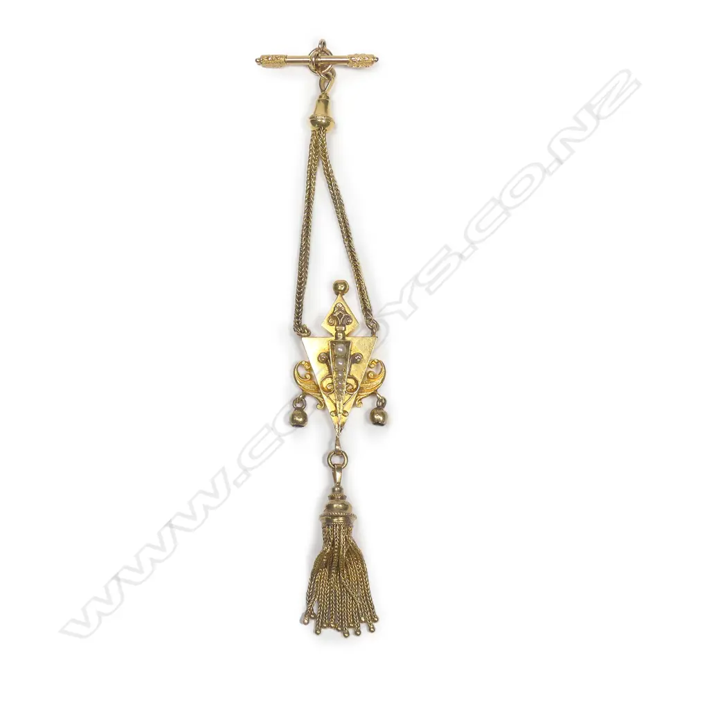 A 19thC 15ct. yellow gold heavy pendant on suspended tassel chain Image 1++