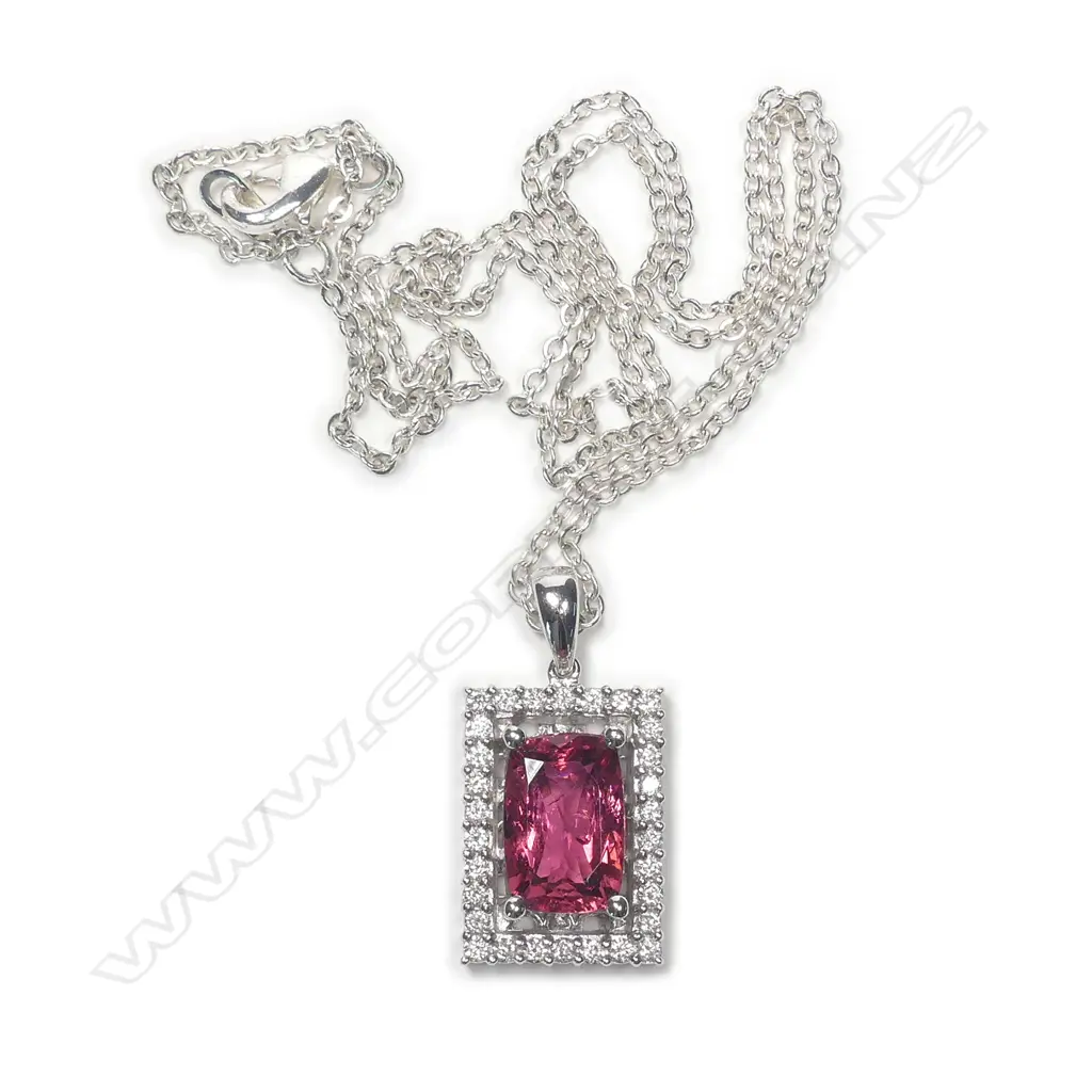 An 18ct. white gold pink tourmaline and diamond pendant Image 1++