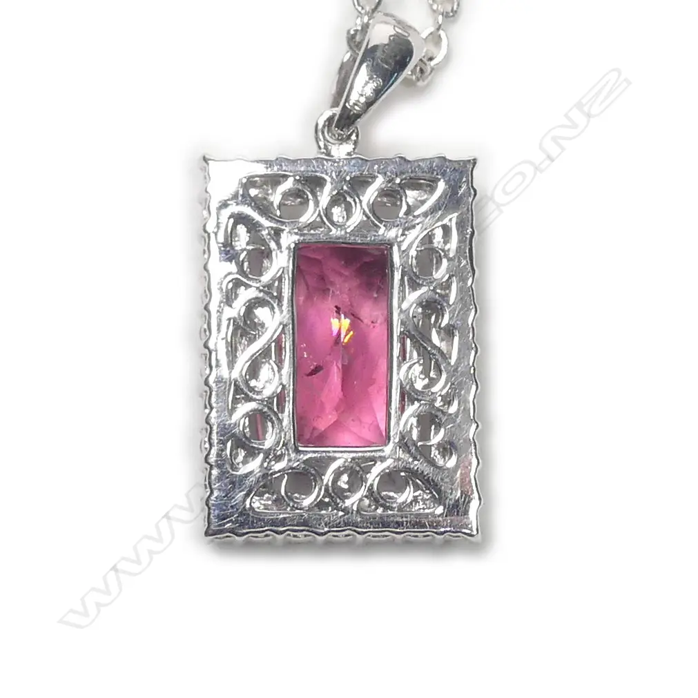An 18ct. white gold pink tourmaline and diamond pendant Image 1++