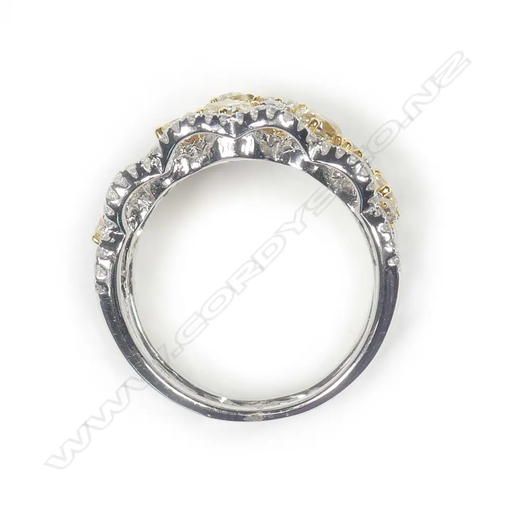 An 18ct. white gold fancy yellow and white diamond wide ring Image 1++