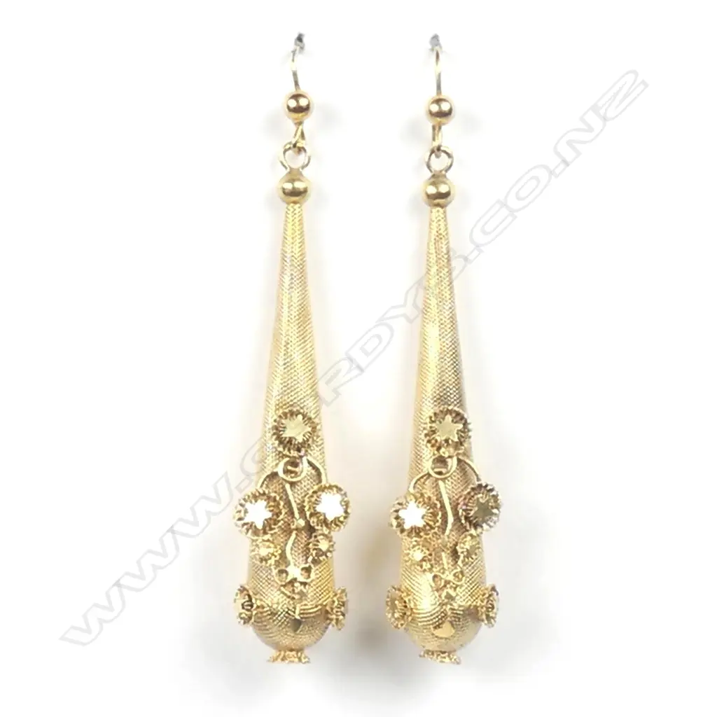 A pair of vintage gilded gold long tapered drop earrings Image 1++