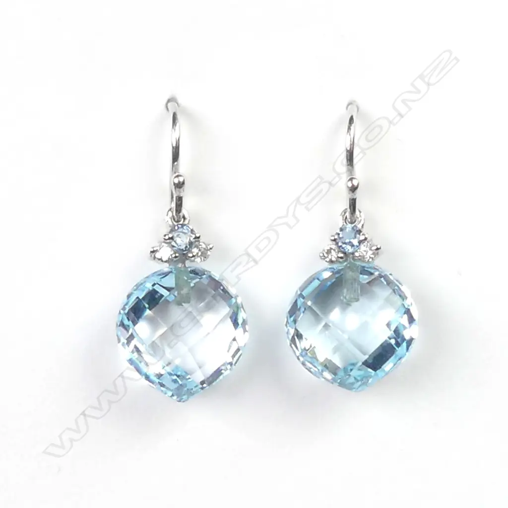 A pair of 18ct white gold diamond topaz and aquamarine earrings Image 1++