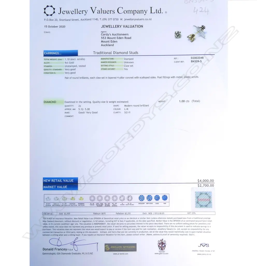A pair of 9ct yellow gold solitaire diamond earrings Image 1++