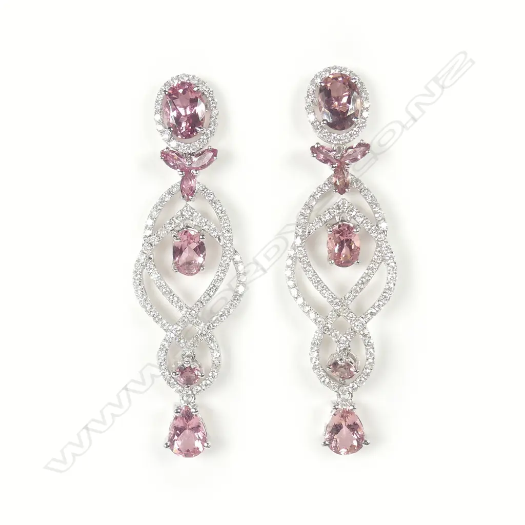 A pair of 18ct. white gold pink tourmaline and diamond earrings Image 1++