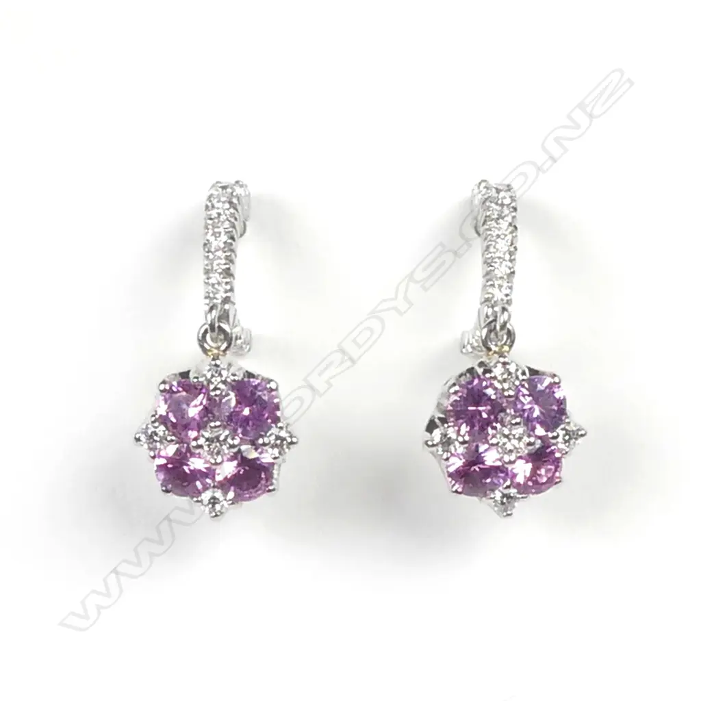 A pair of platinum diamond and pink sapphire earrings Image 1++