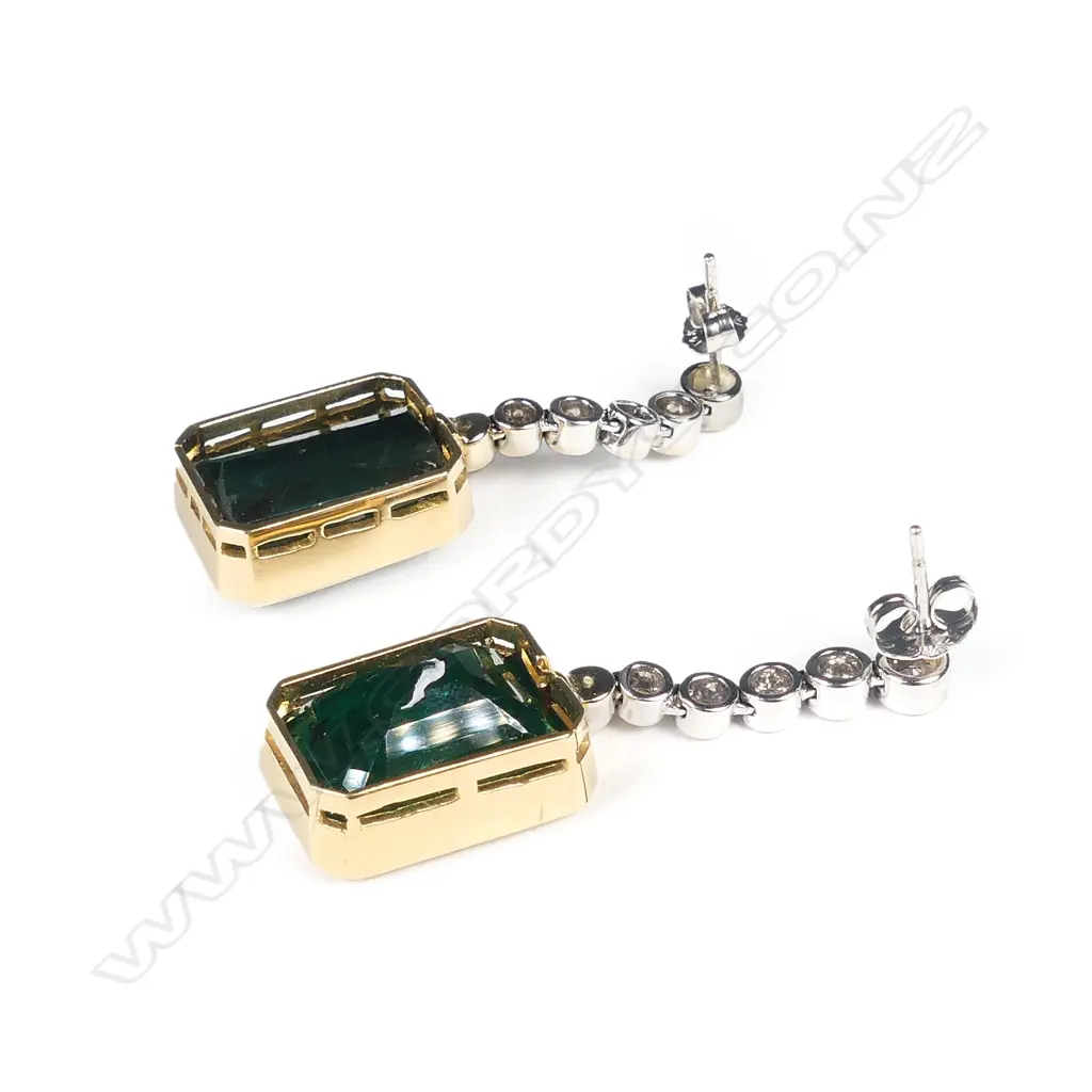 A pair of 14ct white and yellow gold emerald and diamond drop earrings Image 1++