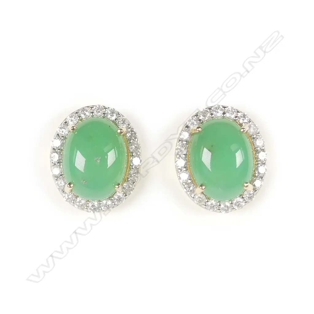 A pair of 14ct yellow gold jade and diamond halo stud earrings Image 1++
