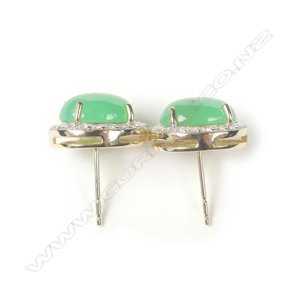 A pair of 14ct yellow gold jade and diamond halo stud earrings Image 1++