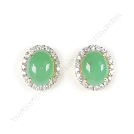 A pair of 14ct yellow gold jade and diamond halo stud earrings