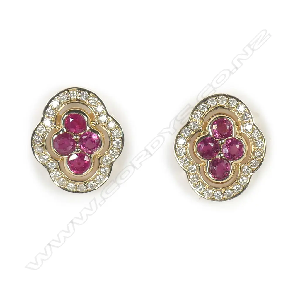 A pair of 14ct gold ruby and diamond earrings Image 1++