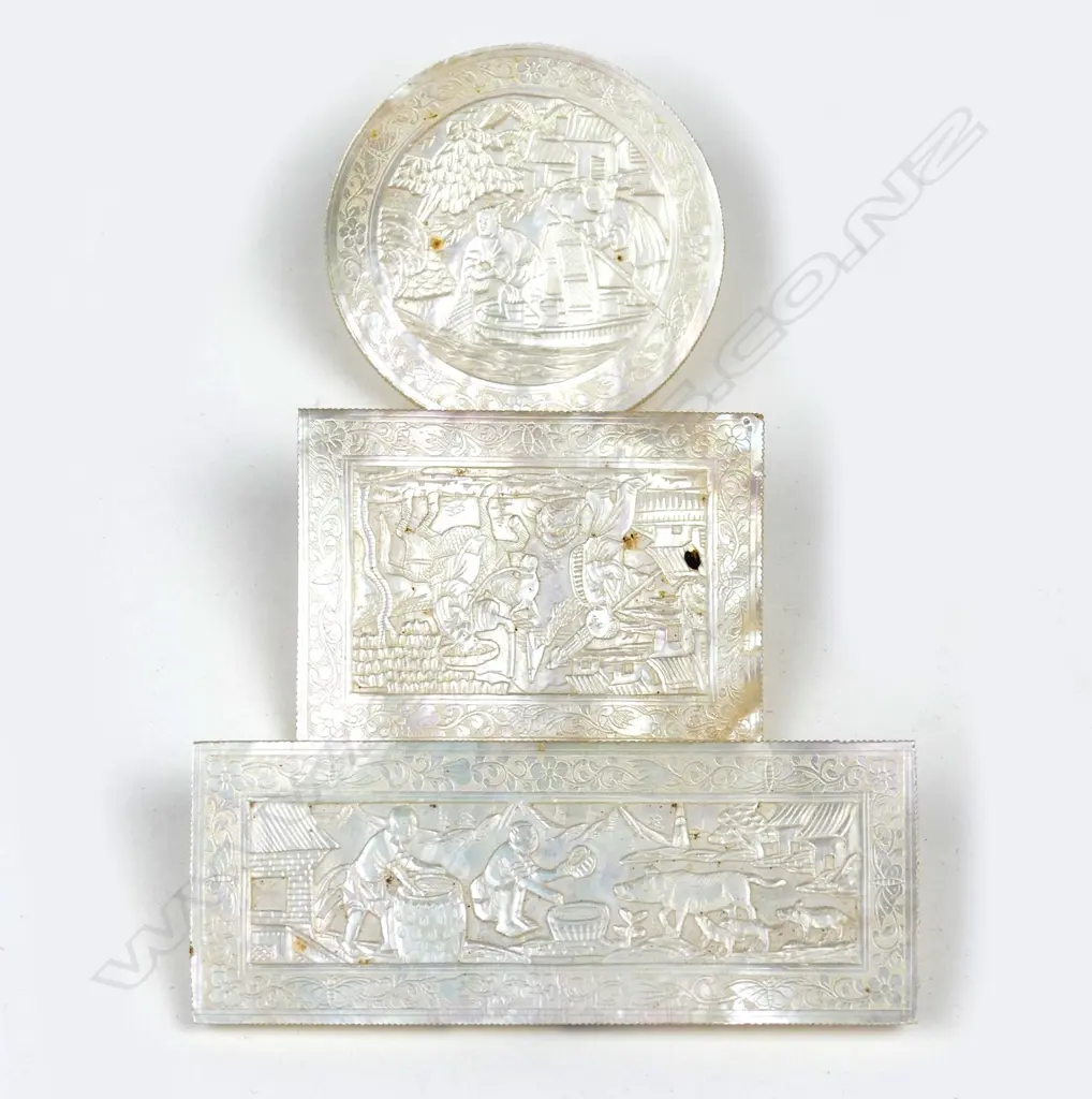 Three 19thC mother of pearl carved counters Image 1++