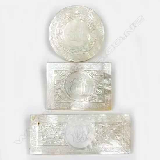 Three 19thC mother of pearl carved counters