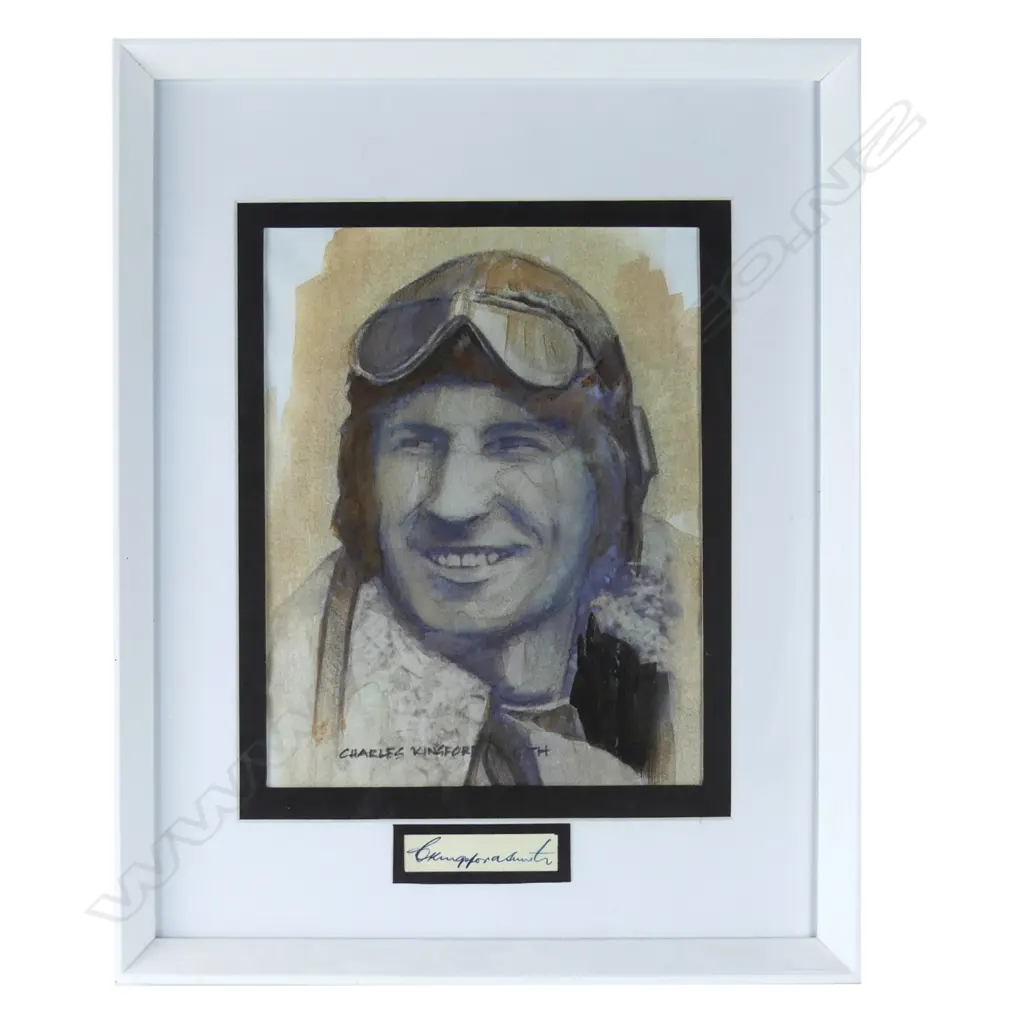 A framed watercolour of Charles Kingsford Smith Image 1++