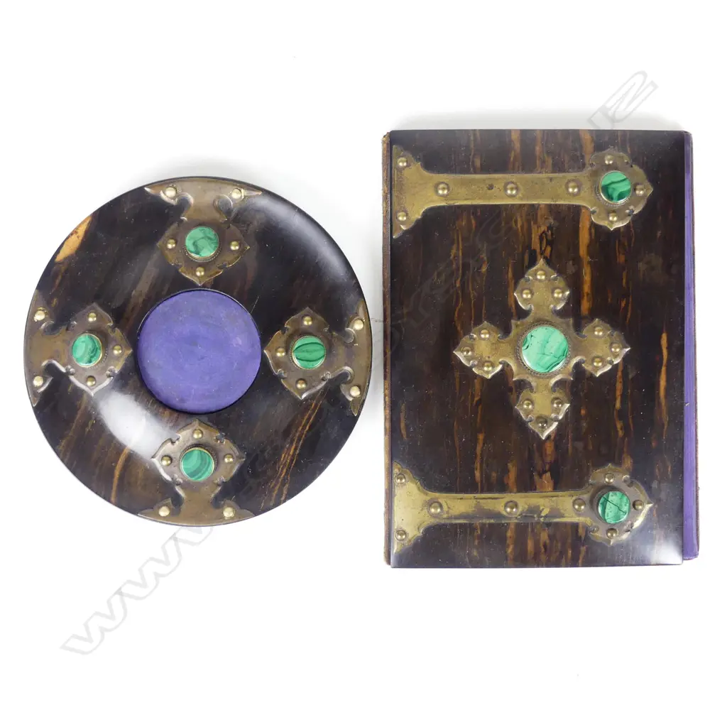 A 19thC Coromandel wood faced desk folder and matching circular stand Image 1++