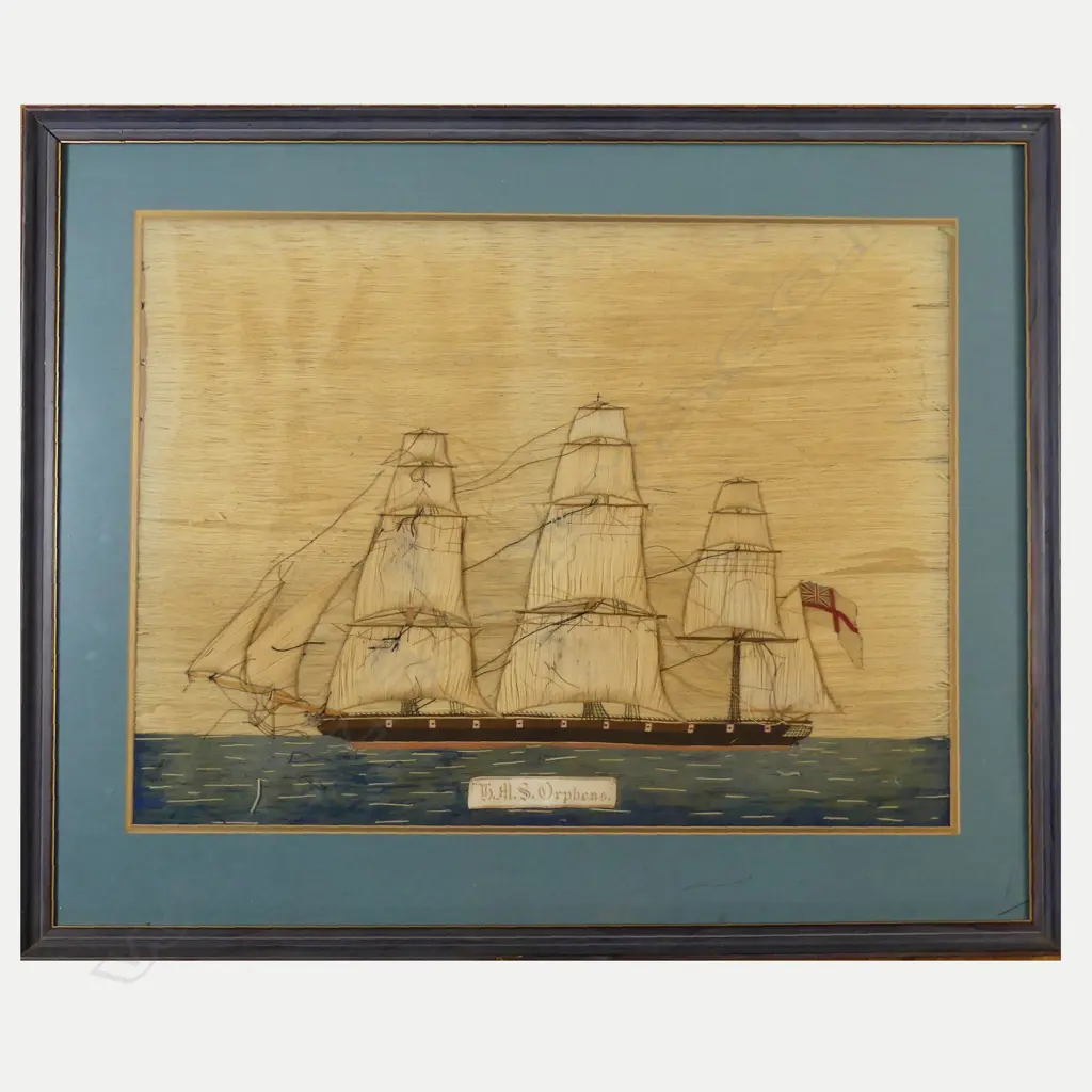 A 19thC Wool work picture of the sailing ship 'H.M.S. Orpheus' Image 1++