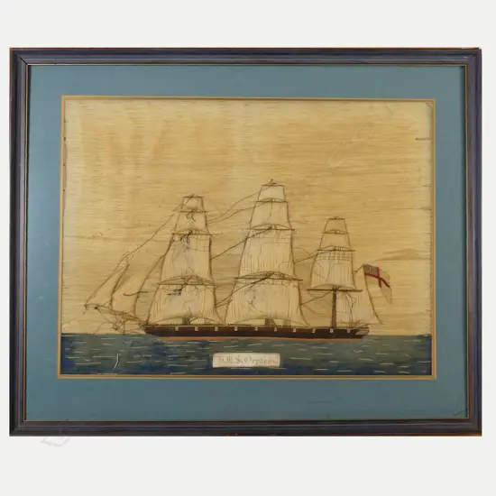 A 19thC Wool work picture of the sailing ship 'H.M.S. Orpheus'