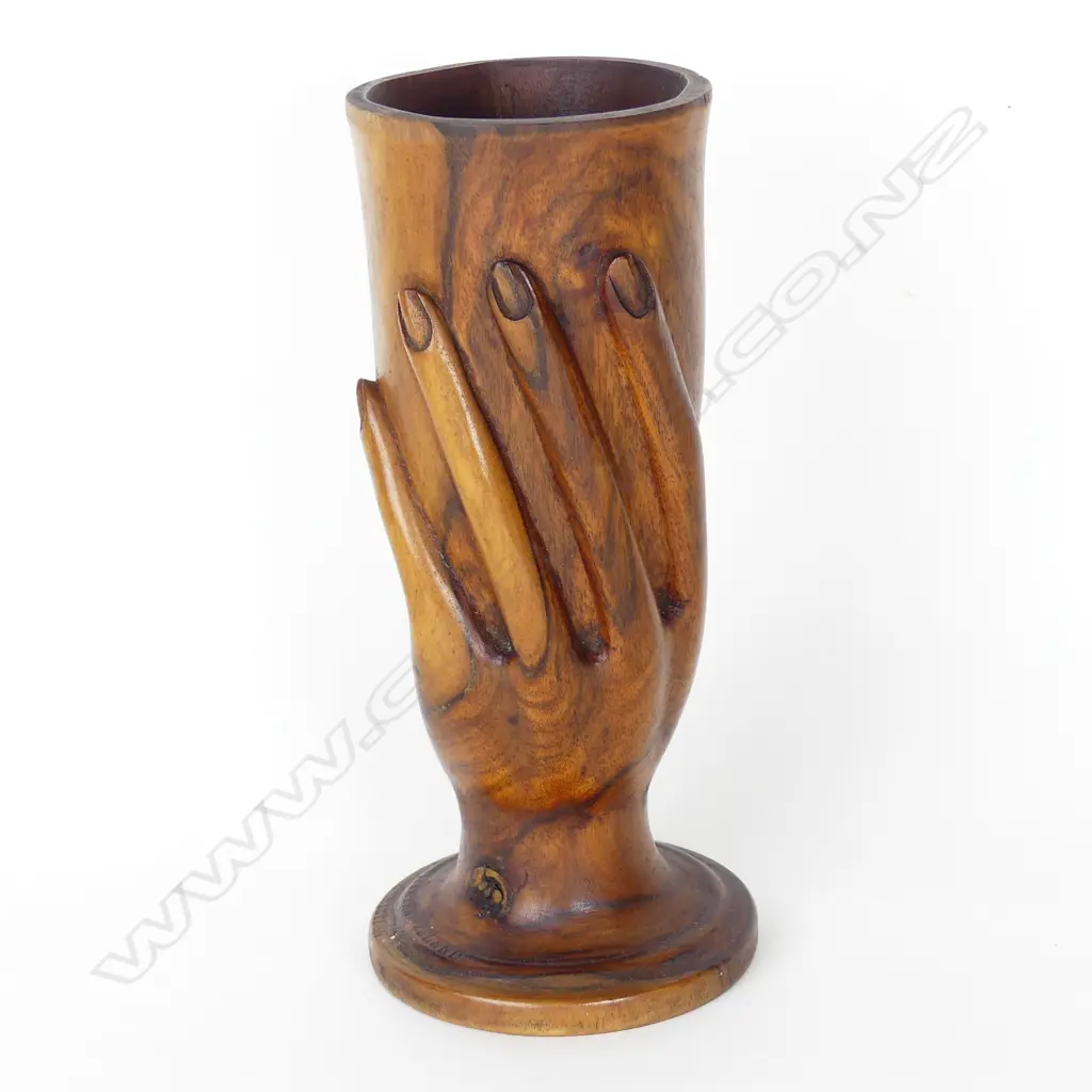 A vintage Pitcairn Island carved tou wood hand vase Image 1++