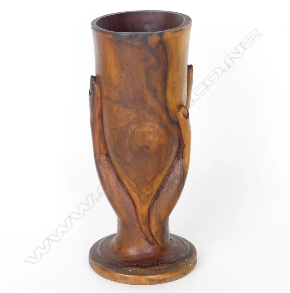 A vintage Pitcairn Island carved tou wood hand vase Image 1++
