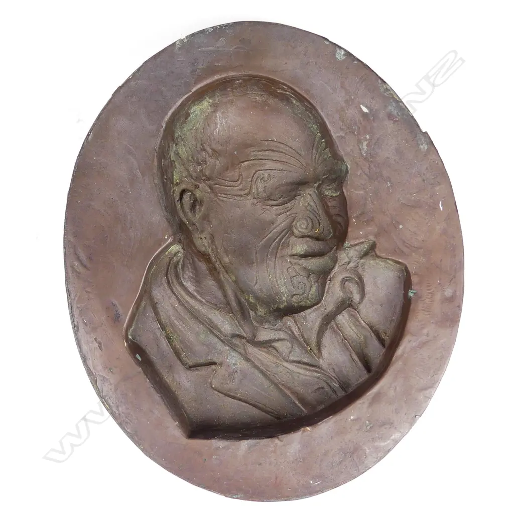 An early 20thC copper and lead casting mould of a Maori chief sleeping Image 1++