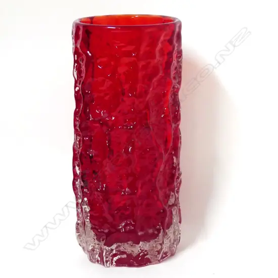 A Whitefriars cylindrical bark vase in ruby red