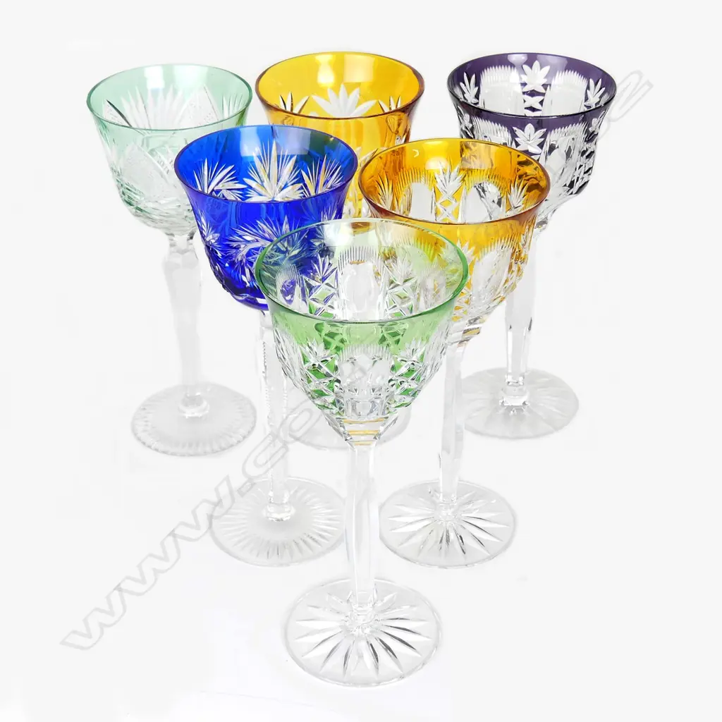 A harlequin set of six coloured long stem cut crystal wine glasses Image 1++