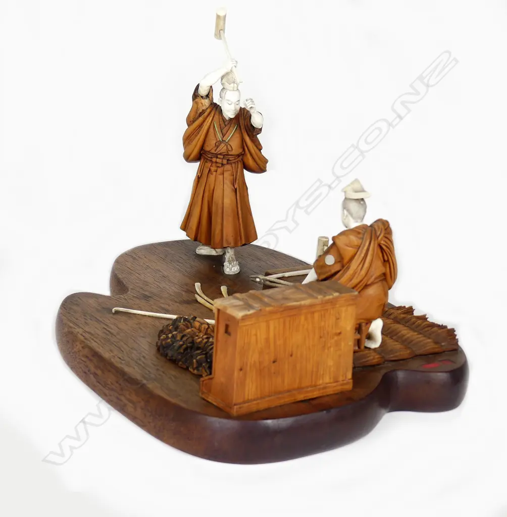 A Japanese Meiji period boxwood and ivory okimono of two swordsmiths Image 1++