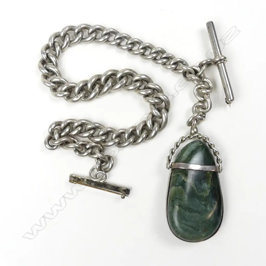 A c.1900 substantial and heavy silver fob chain with greenstone pebble fob Image 1++