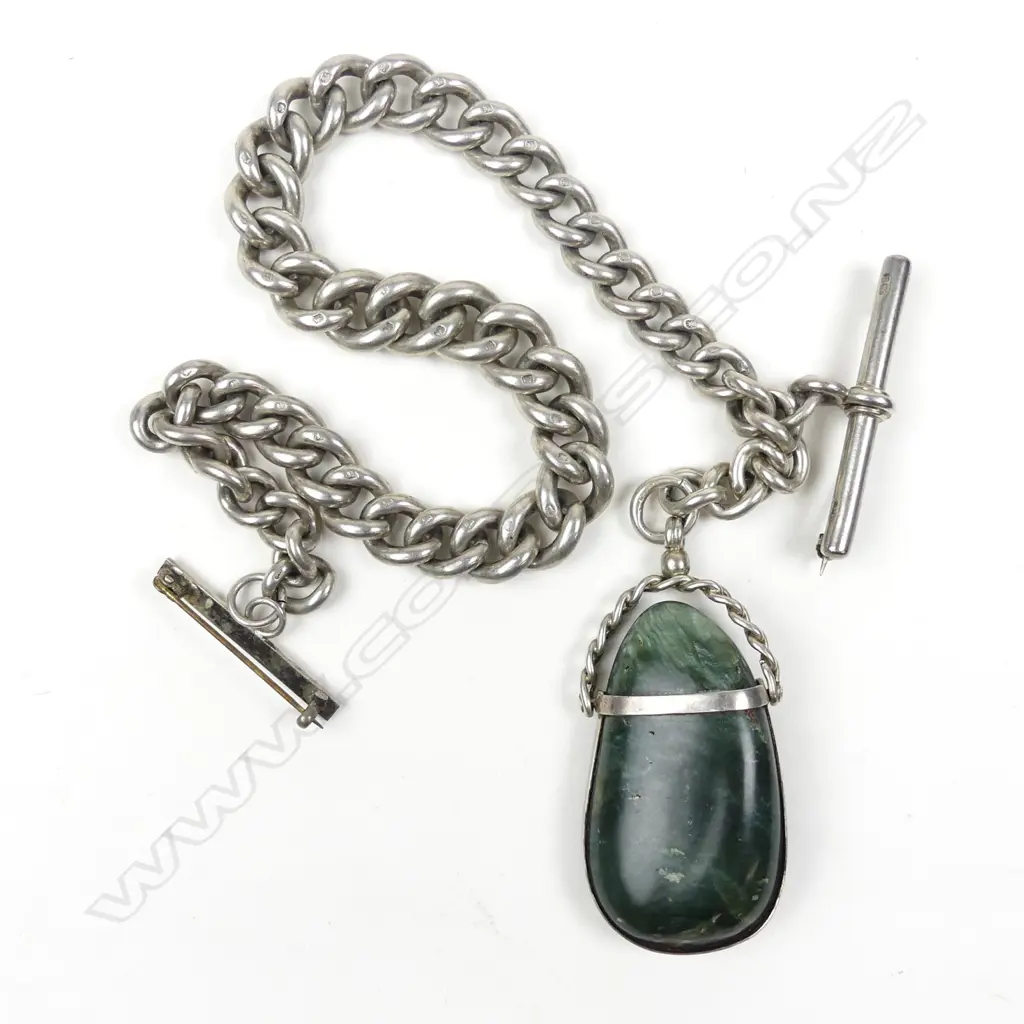 A c.1900 substantial and heavy silver fob chain with greenstone pebble fob Image 1++