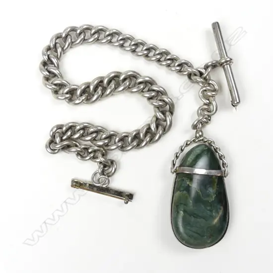 A c.1900 substantial and heavy silver fob chain with greenstone pebble fob
