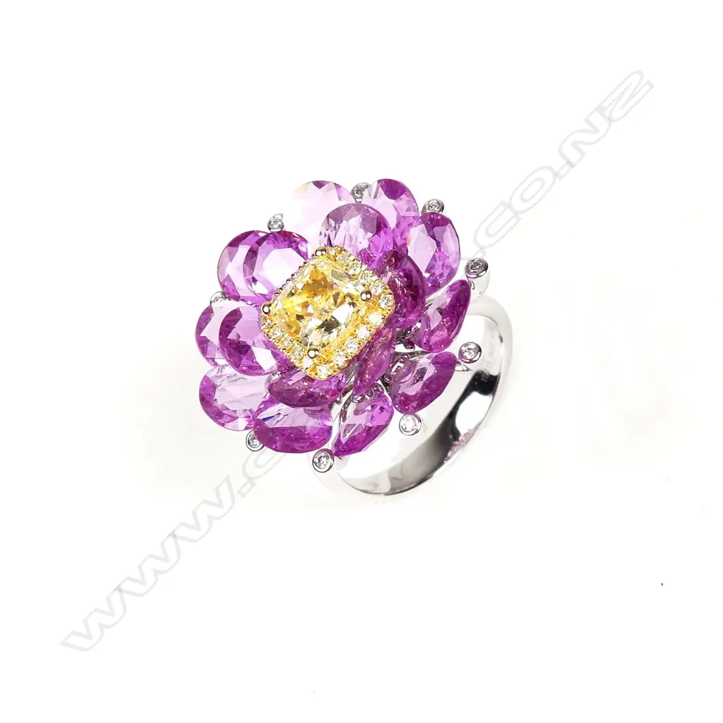 An impressive unique designer 18ct. white gold pink sapphire yellow and white diamond cocktail ring Image 1++