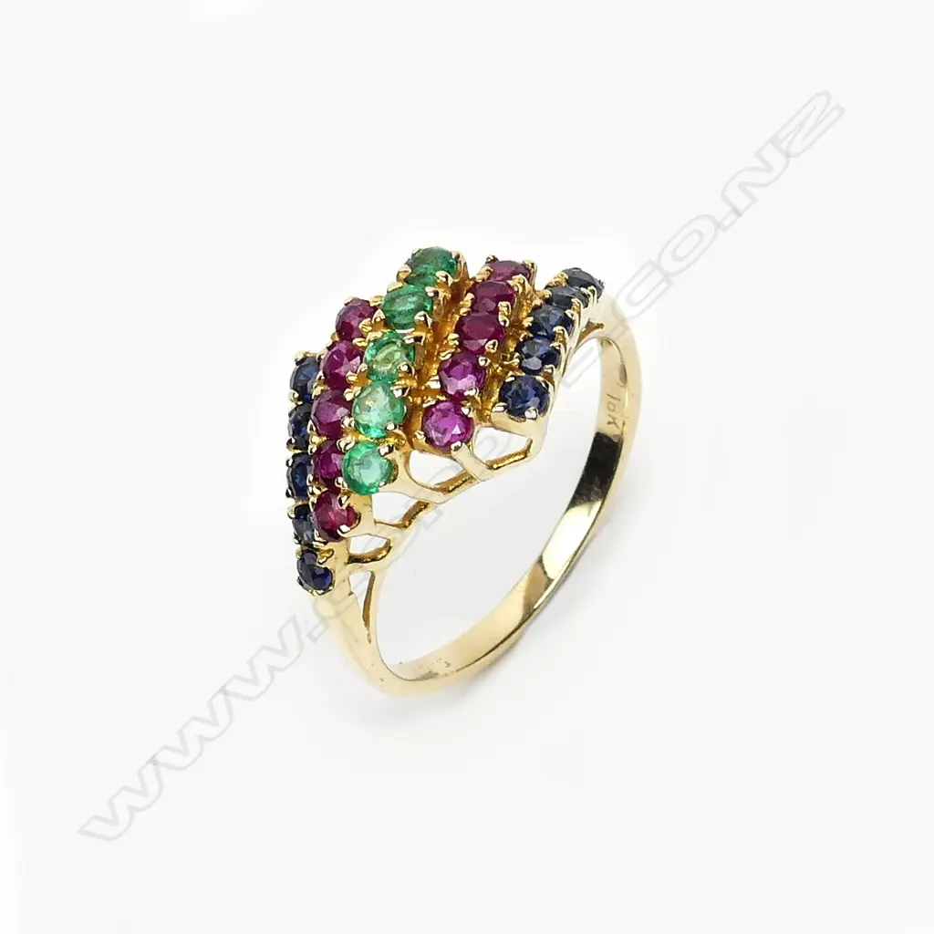An 18ct gold ruby sapphire and emerald ring Image 1++