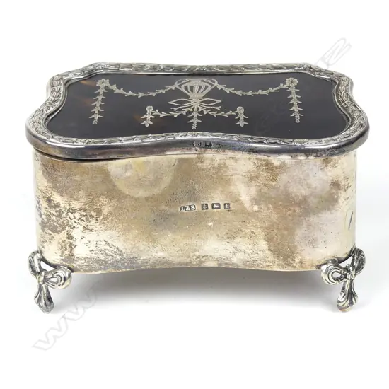 An Edwardian silver and tortoiseshell pique work jewel box