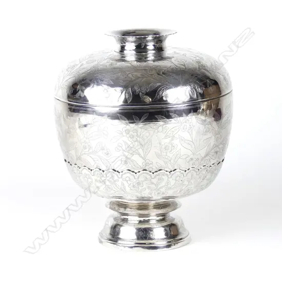 An antique Thai silver covered bowl on stand