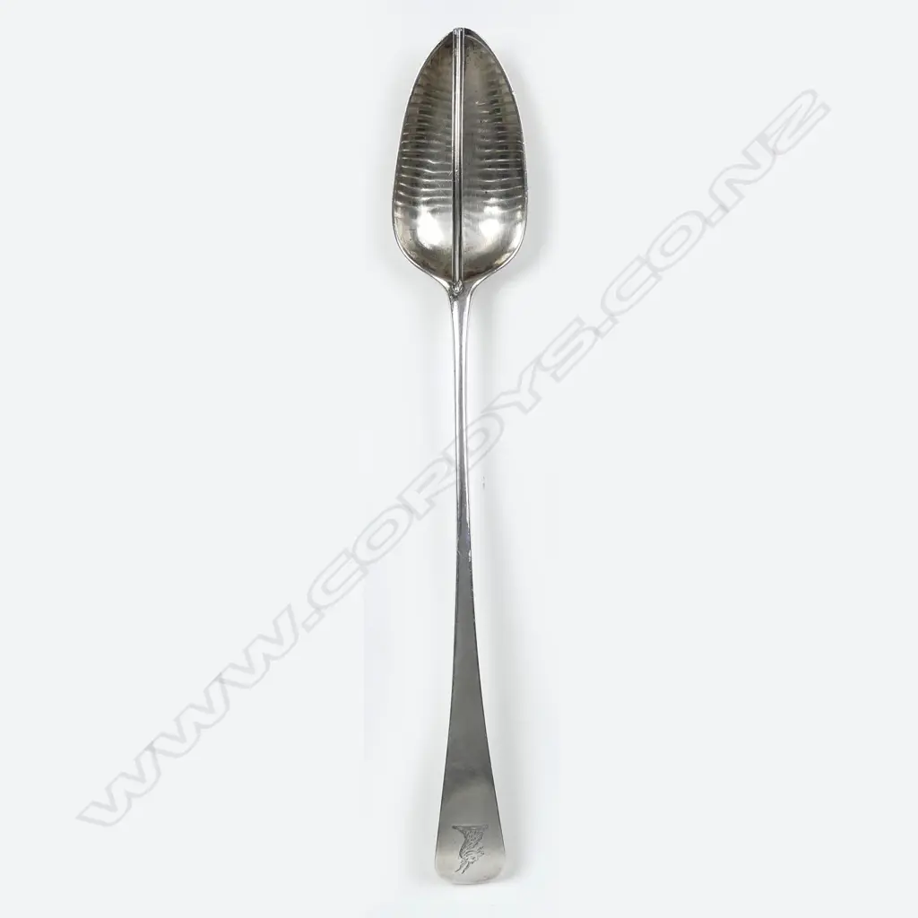 A George III silver fiddle pattern gravy straining spoon Image 1++