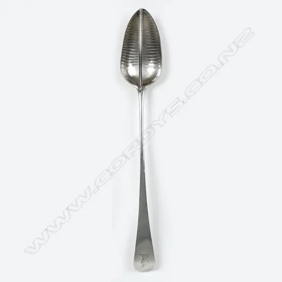 A George III silver fiddle pattern gravy straining spoon