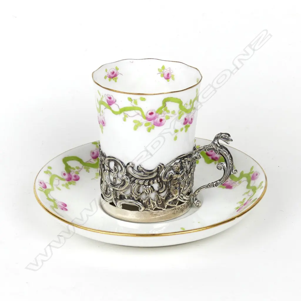 An early 20thC silver mounted Crown Staffordshire china demi-tasse coffee set Image 1++