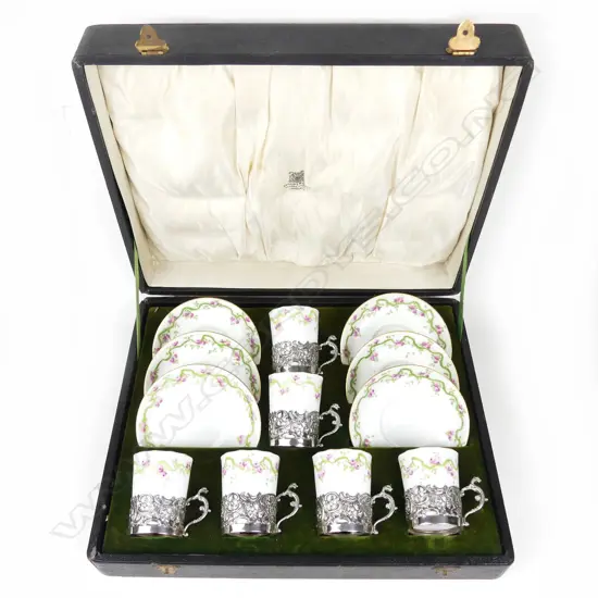 An early 20thC silver mounted Crown Staffordshire china demi-tasse coffee set