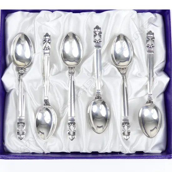 A set of six Danish Georg Jensen silver 'Acorn' pattern teaspoons