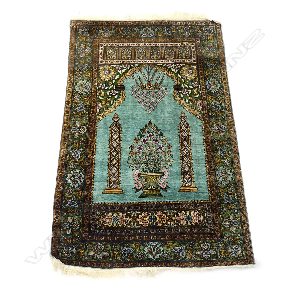 A hand knotted Kashmir silk prayer rug Image 1++