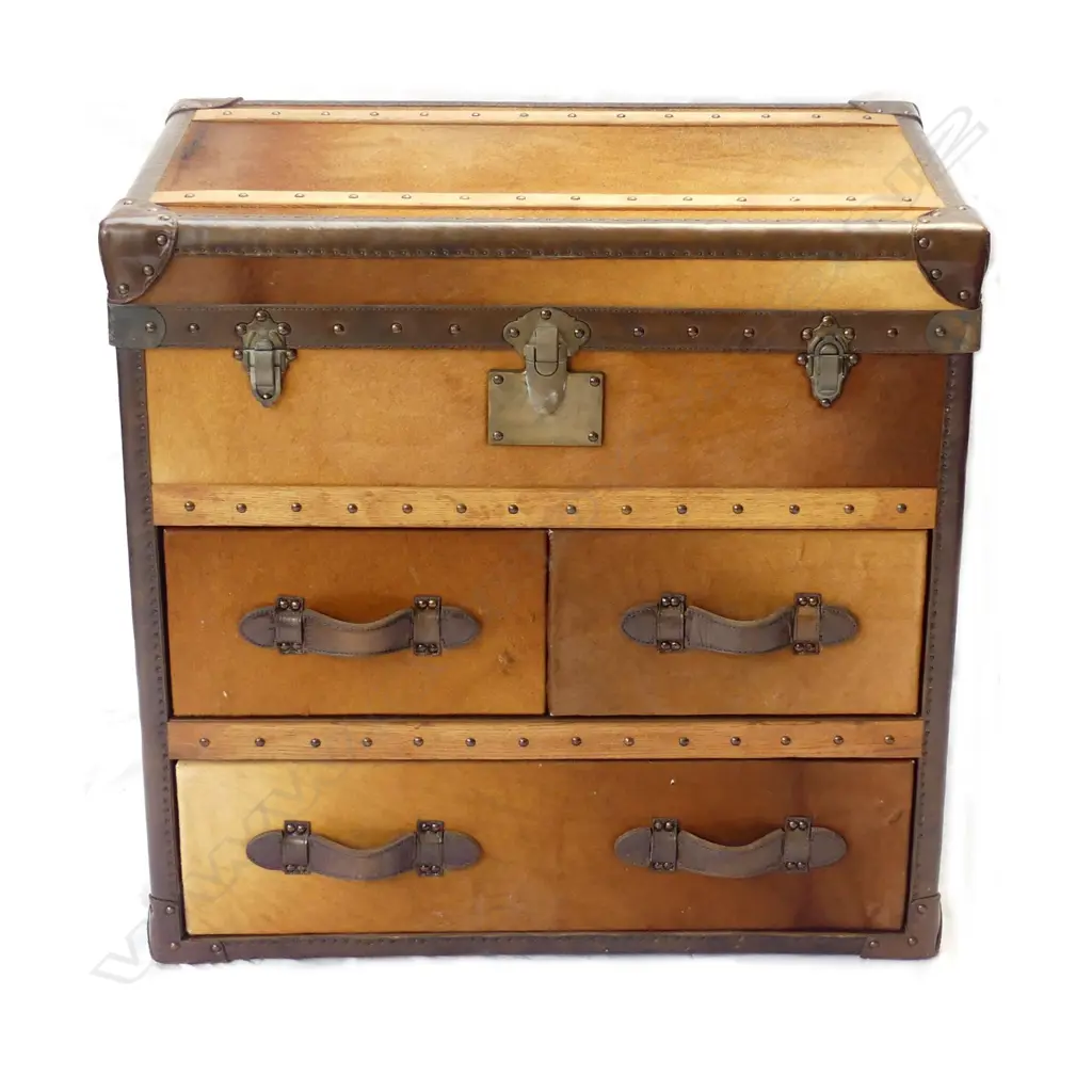 A modern designer pony hide and leather 'steamer' type trunk form chest Image 1++