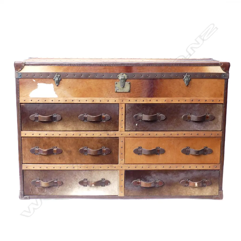 A modern designer pony hide  studded 'steamer' large trunk form chest Image 1++