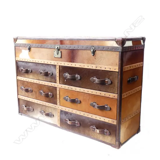 A modern designer pony hide  studded 'steamer' large trunk form chest