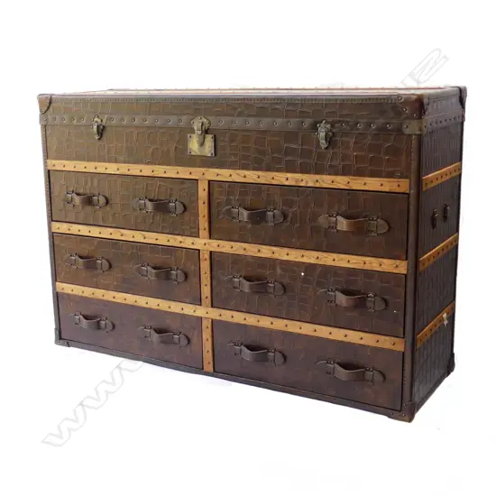 A modern designer crocodile type leather studded 'steamer' large trunk form chest