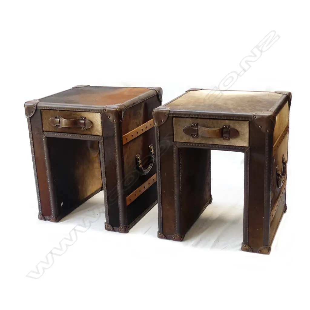 A pair of modern designer pony hide and leather side cabinets Image 1++