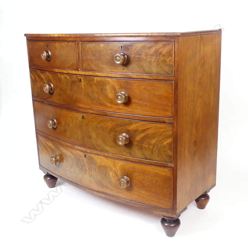 A 19thC mahogany bowfront chest of five drawers Image 1++