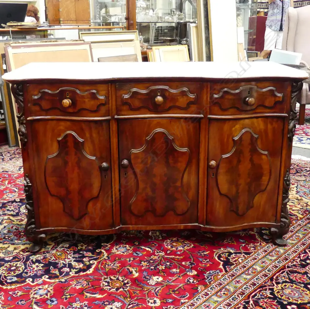 A French 19thC mahogany chiffonier with serpentine marble top Image 1++
