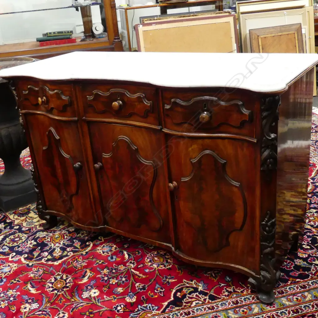 A French 19thC mahogany chiffonier with serpentine marble top Image 1++