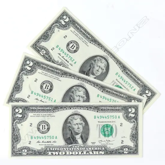 Three UNC US$2 banknotes